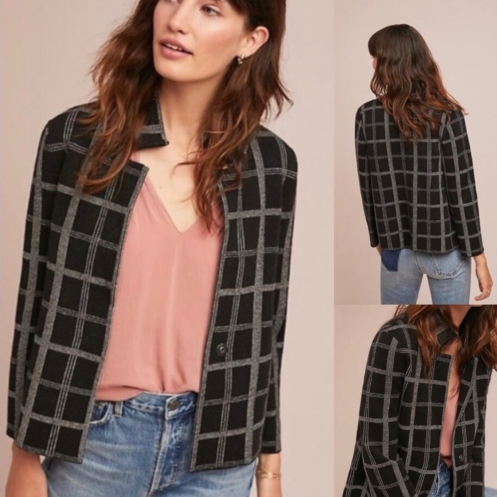 Anthropologie Moth NWT Black White Windowpane‎ Plaid Button Closure Jacket, XS